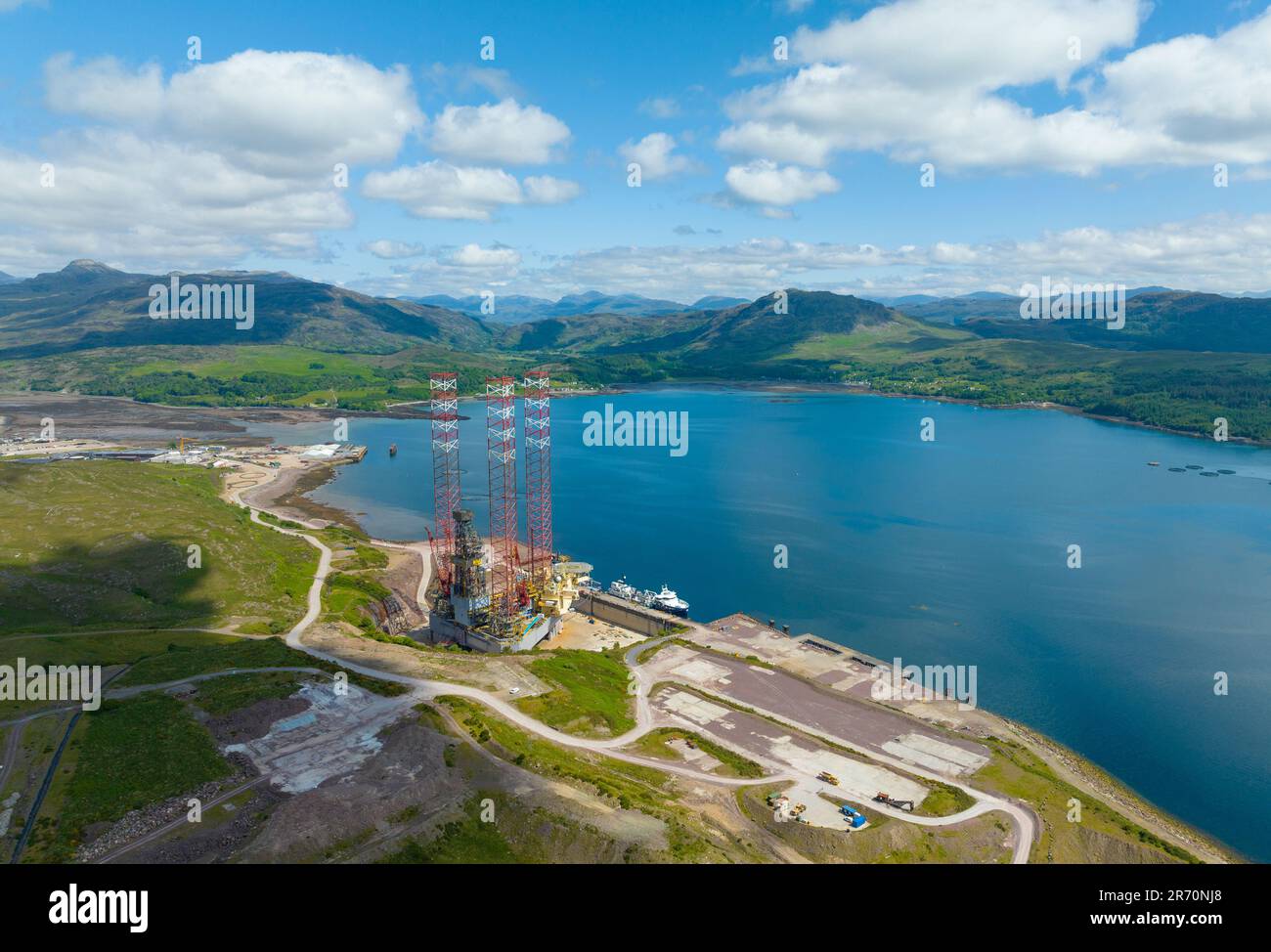 Aerial view from drone of oil industry jack up rig in dry dock at Kishorn Yard on Loch Kishorn, Scottish Highlands, `Scotland, UK Stock Photo